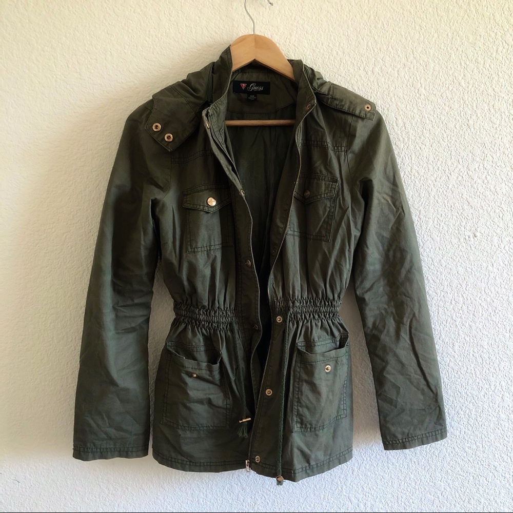 Army green parka with gold hardware details